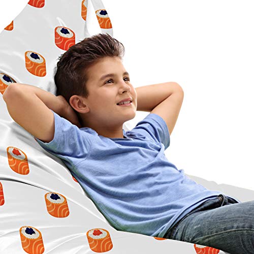 Ambesonne Sushi Lounger Chair Bag, Repeating Food Pattern Raw Fish and Rice with Caviar Toppings Flat Style, High Capacity Storage with Handle Container, Lounger Size, Orange Salmon Dark Blue