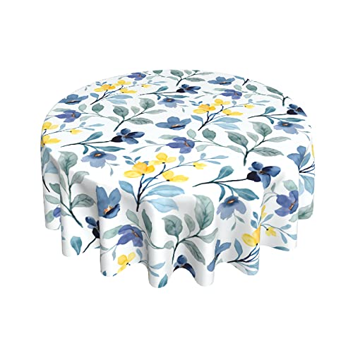 Watercolor Blue Yellow Floral Tablecloth Round 60 Inch Spring Rustic Sage Green Leaf Flower Decorative Table Cloth with Wrinkle Resistant for Home Kitchen Dining Table Outdoor Party Picnic