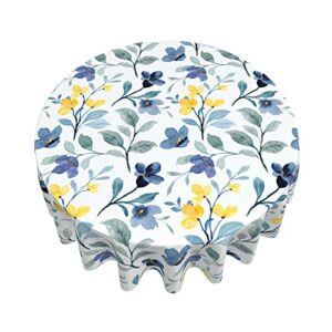 Watercolor Blue Yellow Floral Tablecloth Round 60 Inch Spring Rustic Sage Green Leaf Flower Decorative Table Cloth with Wrinkle Resistant for Home Kitchen Dining Table Outdoor Party Picnic