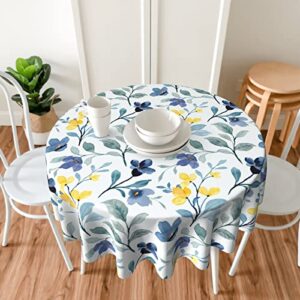 Watercolor Blue Yellow Floral Tablecloth Round 60 Inch Spring Rustic Sage Green Leaf Flower Decorative Table Cloth with Wrinkle Resistant for Home Kitchen Dining Table Outdoor Party Picnic