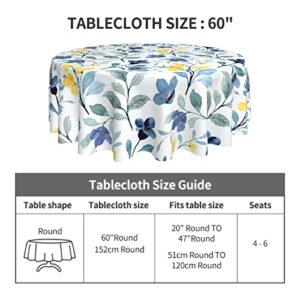 Watercolor Blue Yellow Floral Tablecloth Round 60 Inch Spring Rustic Sage Green Leaf Flower Decorative Table Cloth with Wrinkle Resistant for Home Kitchen Dining Table Outdoor Party Picnic