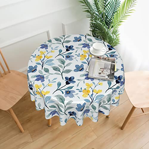 Watercolor Blue Yellow Floral Tablecloth Round 60 Inch Spring Rustic Sage Green Leaf Flower Decorative Table Cloth with Wrinkle Resistant for Home Kitchen Dining Table Outdoor Party Picnic