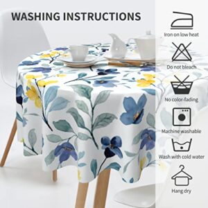 Watercolor Blue Yellow Floral Tablecloth Round 60 Inch Spring Rustic Sage Green Leaf Flower Decorative Table Cloth with Wrinkle Resistant for Home Kitchen Dining Table Outdoor Party Picnic