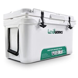 landworks rotomolded ice cooler 45qt up to 5 day ice retention commercial grade food safe dry ice compatible uv protection 15mm gasket bottle openers low profile latches