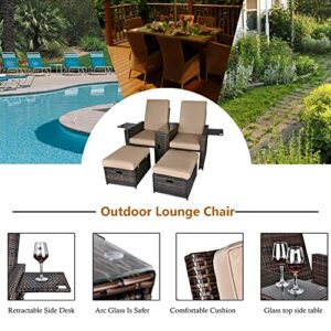 VUYUYU 5PCS Outdoor Wicker Chaise Lounge Chair - Rattan Adjustable Reclining Patio Lounge Chair with Ottoman and Coffee Table, for Patio Beach Pool Backyard (Brown Wicker Khaki Cushion)