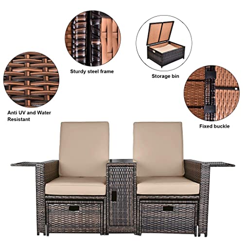 VUYUYU 5PCS Outdoor Wicker Chaise Lounge Chair - Rattan Adjustable Reclining Patio Lounge Chair with Ottoman and Coffee Table, for Patio Beach Pool Backyard (Brown Wicker Khaki Cushion)