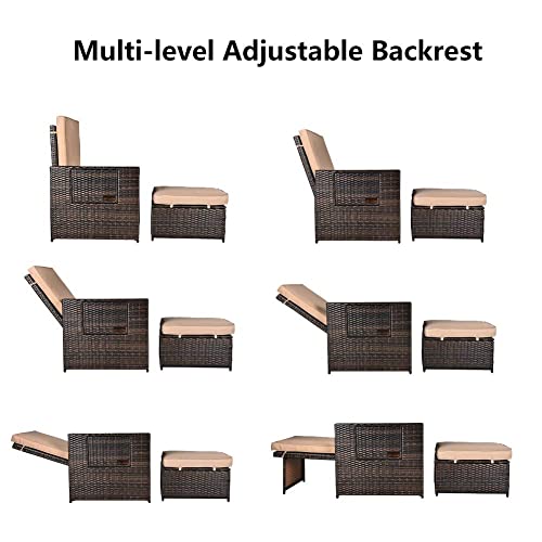 VUYUYU 5PCS Outdoor Wicker Chaise Lounge Chair - Rattan Adjustable Reclining Patio Lounge Chair with Ottoman and Coffee Table, for Patio Beach Pool Backyard (Brown Wicker Khaki Cushion)