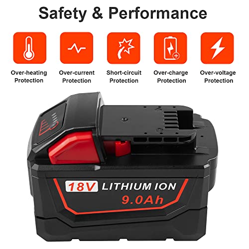 Upgraded 9.0Ah Replacement for Milwaukee 18v Battery 48-11-1828 48-11-1860 48-11-1890 Lithium Ion XC Extended Capacity with Intelligence and Extreme Weather Performance M18 Battery (1)