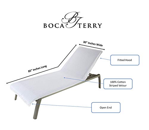 Boca Terry Chaise Lounge Cover - Cotton Terry Cloth Beach Chair Towel - Fitted Beach Towel, White Striped