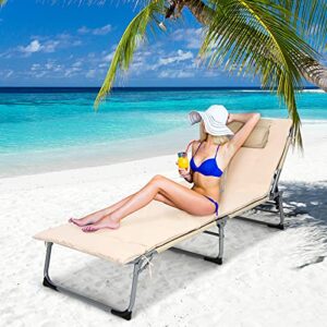 GYMAX Lounge Chair for Outside, 27” Oversize Beach Chaise Lounge with Removable Cushion & Adjustable Backrest, Headrest & Carry Strap, Tri-Fold Beach Layout Tanning Chair for Patio, Poolside(1, Beige)