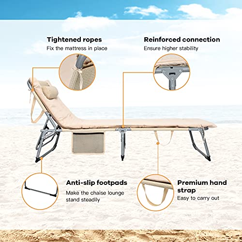 GYMAX Lounge Chair for Outside, 27” Oversize Beach Chaise Lounge with Removable Cushion & Adjustable Backrest, Headrest & Carry Strap, Tri-Fold Beach Layout Tanning Chair for Patio, Poolside(1, Beige)