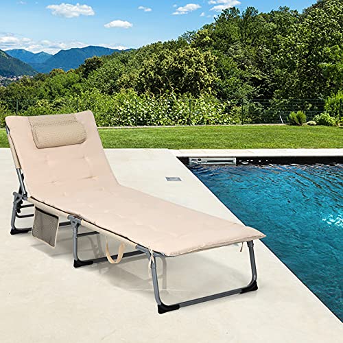 GYMAX Lounge Chair for Outside, 27” Oversize Beach Chaise Lounge with Removable Cushion & Adjustable Backrest, Headrest & Carry Strap, Tri-Fold Beach Layout Tanning Chair for Patio, Poolside(1, Beige)