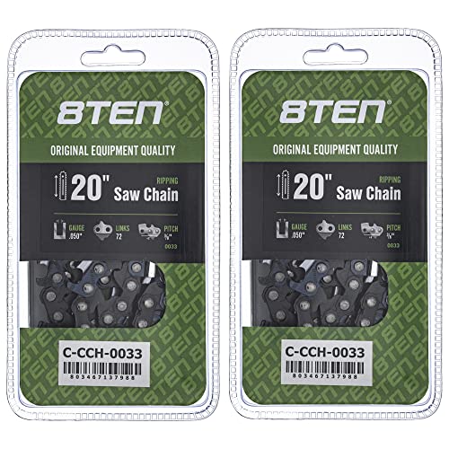 8TEN Ripping Chainsaw Chain 20 Inch .050 3/8 72DL for Husqvarna 455 Rancher 372XP Stihl MS 270 Poulan PP5020AV (2 Pack)