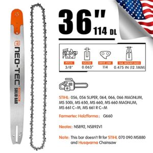 NEO-TEC 36 Inch Chainsaw Guide Bar Chain Combo 3/8 Chain Pitch 0.063 Gauge 114 Drive Links Fit for Stihl MS660 NS892 G660 MS661 MS360 MS361 MS291 MS440 MS441 MS460 MS461 MS391 for Oregon 92cc 120cc