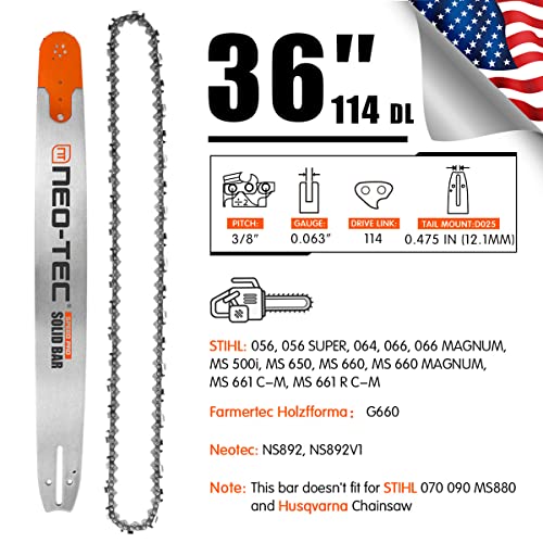 NEO-TEC 36 Inch Chainsaw Guide Bar Chain Combo 3/8 Chain Pitch 0.063 Gauge 114 Drive Links Fit for Stihl MS660 NS892 G660 MS661 MS360 MS361 MS291 MS440 MS441 MS460 MS461 MS391 for Oregon 92cc 120cc