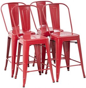 24 inch metal bar stools with back counter height bar stools, metal chairs set of 4 indoor outdoor stackable kitchen stools dining chair metal restaurant chair, red