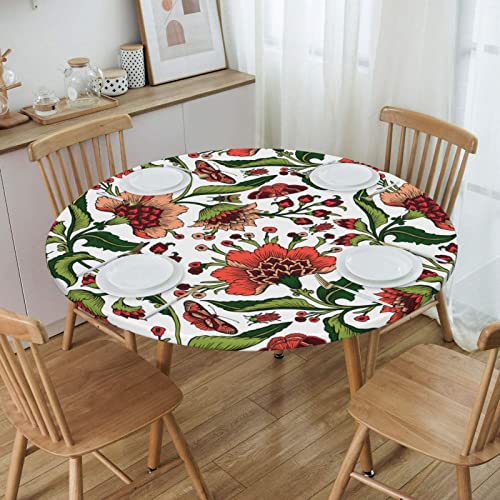 Paisley Flowers Tablecloth Elastic Edged Round Fitted Table Cover Waterproof Table Cloth for Indoor Outdoor Dinning Fit 45'' - 50'' Table, Medium