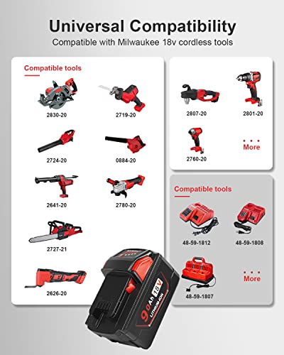 Replacement for Milwaukee M-18 Battery 9.0Ah 2/pk M18 M18b 48-11-1850 48-11-1840 48-11-1815 48-11-1820 48-11-1852 48-11-1828 48-11-1822 Cordless Power Tool