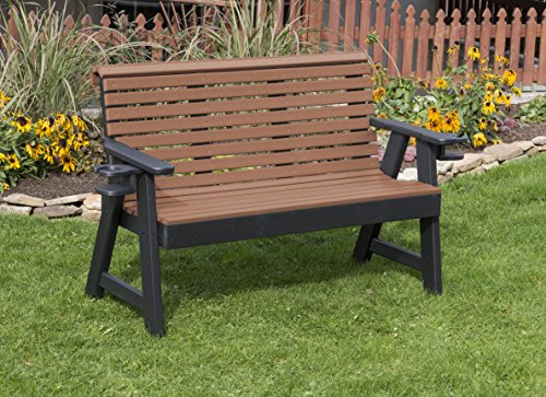 Ecommersify Inc 5FT-Cedar-Poly Lumber ROLL Back Porch Bench with Cupholder arms Heavy Duty Everlasting PolyTuf HDPE - Made in USA - Amish Crafted