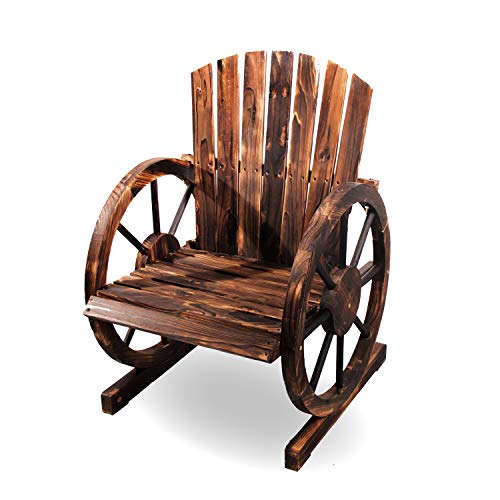 Wooden Wagon Wheel Chair Rustic Armrest Chair Outdoor Patio Furniture Wood Adirondack Chair, Slatted Seat for Garden Country Yard, Burnt-Finished - Backyard Expressions