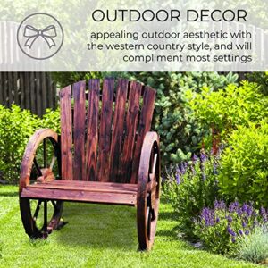 Wooden Wagon Wheel Chair Rustic Armrest Chair Outdoor Patio Furniture Wood Adirondack Chair, Slatted Seat for Garden Country Yard, Burnt-Finished - Backyard Expressions