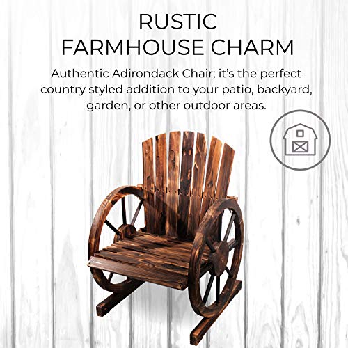 Wooden Wagon Wheel Chair Rustic Armrest Chair Outdoor Patio Furniture Wood Adirondack Chair, Slatted Seat for Garden Country Yard, Burnt-Finished - Backyard Expressions