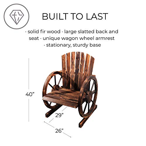 Wooden Wagon Wheel Chair Rustic Armrest Chair Outdoor Patio Furniture Wood Adirondack Chair, Slatted Seat for Garden Country Yard, Burnt-Finished - Backyard Expressions