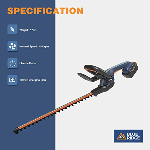 BLUE RIDGE BR8260U Cordless Hedge Trimmer, with Battery and Charger,40V 2.0Ah 24 Inch Blade Length, 3/4-Inch Cutting Thickness, Dual Action Laser Blade