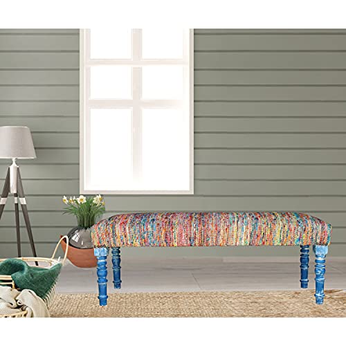 LR Home Colorful Chindi Blue Legs Bench, 1'6" x 3'11" x 1'4", Multi