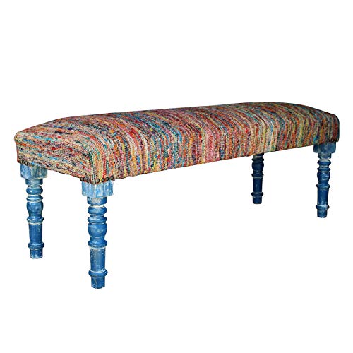 LR Home Colorful Chindi Blue Legs Bench, 1'6" x 3'11" x 1'4", Multi