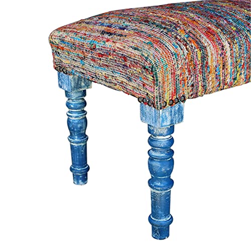 LR Home Colorful Chindi Blue Legs Bench, 1'6" x 3'11" x 1'4", Multi