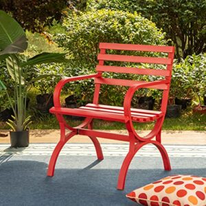 mfstudio outdoor garden patio bench,iron metal steel frame park single bench with backrest and armrest for lawn,porch,backyard,balcony-red
