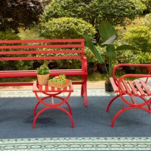 MFSTUDIO Outdoor Garden Patio Bench,Iron Metal Steel Frame Park Single Bench with Backrest and Armrest for Lawn,Porch,Backyard,Balcony-Red