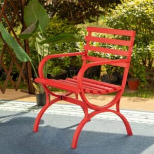 MFSTUDIO Outdoor Garden Patio Bench,Iron Metal Steel Frame Park Single Bench with Backrest and Armrest for Lawn,Porch,Backyard,Balcony-Red