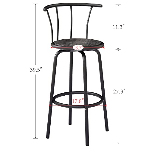 VECELO Bar Stools Set of 2 with Back Metal Barstools Tall Chair for Indoor Outdoor Pub Kitchen, Height 27.3 Inch, Industrial Steel Frame, Easy Assembly, Grey