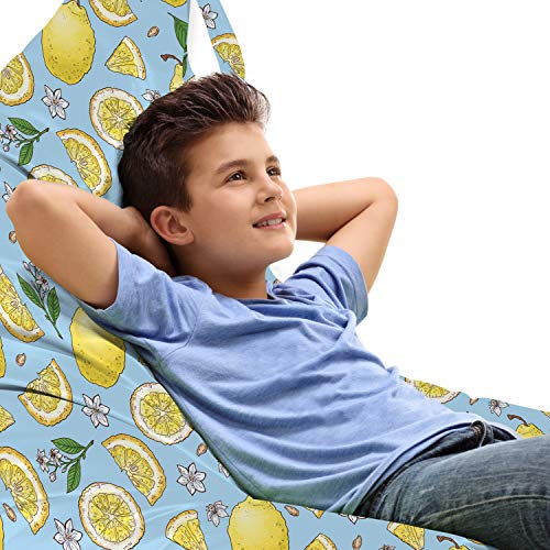 Ambesonne Lemons Lounger Chair Bag, Colorful Citrus Floral Leaves Blossoms Pattern, High Capacity Storage with Handle Container, Lounger Size, Pale Blue Pale Yellow