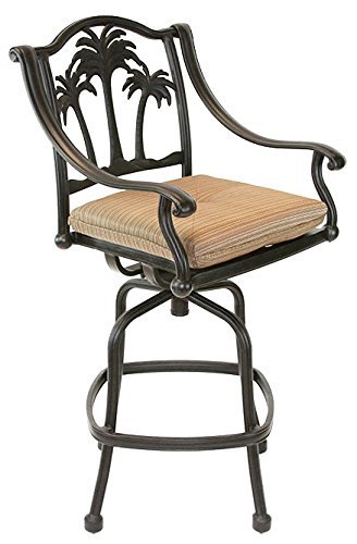 Palm Tree Outdoor Patio Set 4 pc Swivel Bar Stools Dark Bronze Cast Aluminum (30", Sunbrella Sesame)