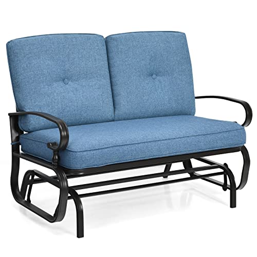 Giantex Outdoor Glider Bench Patio Loveseat with Cushions, 2-Person Outdoor Rocking Chair, Porch Glider Swing for Garden, Backyard, Poolsise, Patio Seating Rocker (Navy)