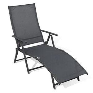 nuu garden folding chaise lounge chairs for outside, patio lounge chair with 6-position adjustable backrest and breathable textile fabric, lawn chairs for beach, yard, pool and patio, grey
