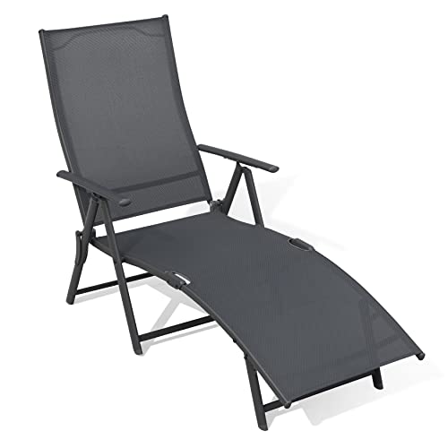 Nuu Garden Folding Chaise Lounge Chairs for Outside, Patio Lounge Chair with 6-Position Adjustable Backrest and Breathable Textile Fabric, Lawn Chairs for Beach, Yard, Pool and Patio, Grey