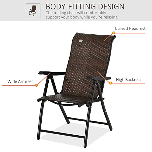 Outsunny Wicker Folding Patio Chair, Outdoor PE Rattan Recliner Camping Chairs with 7-Level Adjustable High Backrest for Garden, Balcony, Indoor, Lawn, Brown