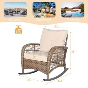 W WARMHOL Outdoor Wicker Rocking Chair with Thickened Cushions, All-Weather Rattan Patio Rocking Chairs, Rocker Wicker Chair for Porch Garden & Backyard, Beige