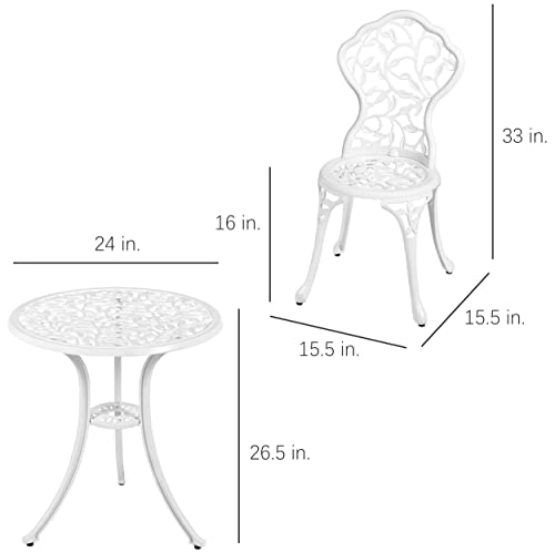 CIYOUNG Patio Bistro Set 3-Piece Outdoor Cast Aluminum All Weather Rust-Resistant Bistro Table Set w/ 2 Chairs - Leaf Style White Finish