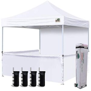eurmax 10’x10′ ez pop-up booth canopy tent commercial instant canopies with 1 full sidewall & 3 half walls and roller bag, with 4 sandbags + 3 cross-bar(white)