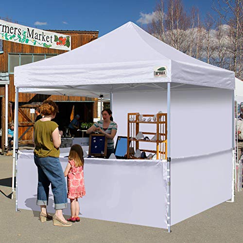 Eurmax 10'x10' Ez Pop-up Booth Canopy Tent Commercial Instant Canopies with 1 Full Sidewall & 3 Half Walls and Roller Bag, with 4 SandBags + 3 Cross-Bar(White)