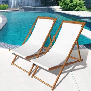 beach sling chair set outdoor lounge chairs set of 2 pack patio furniture portable folding reclining wooden adjustable frame solid eucalyptus wood with white polyester canvas 3-position