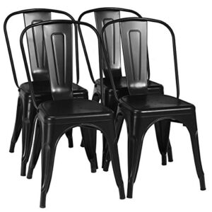 glacer stackable dining metal chairs set of 4, 18 inches seat height tolix side bar chairs with detachable backrest, industrial design restaurant patio bistro dining chairs (black)