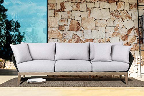 ARMEN LIVING LCATSOWDLT Athos Indoor Outdoor 3 Seater Sofa in Light Eucalyptus Wood with Latte Rope and Grey Cushions