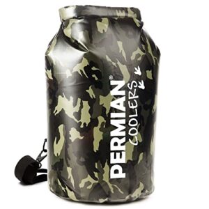 permian portable cooler bag roll top, green camouflage, insulated improved liner, 15l foldable waterproof dry bag for boating/fishing, cooler backpack for camping/hiking, floating cooler for kayaking