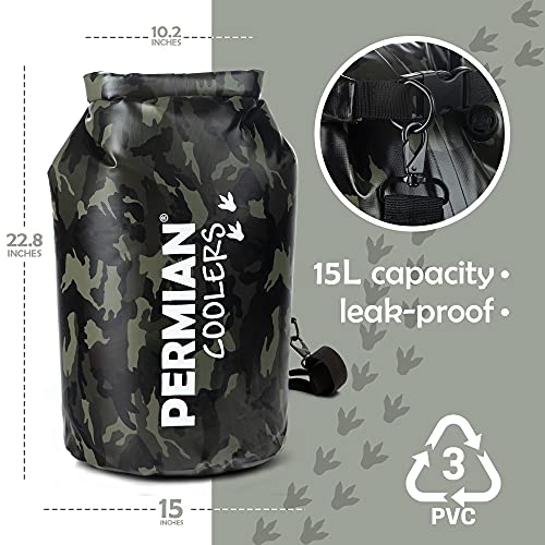 PERMIAN Portable Cooler Bag Roll Top, Green Camouflage, Insulated Improved Liner, 15L Foldable Waterproof Dry Bag for Boating/Fishing, Cooler Backpack for Camping/Hiking, Floating Cooler for Kayaking